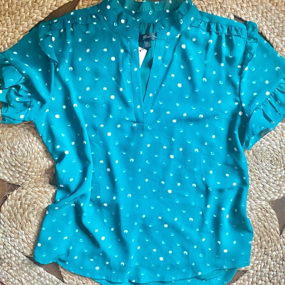 NWT J. CREW GREEN POLKA DOT RUFFLE BLOUSE SZ M - Picture 2 of 5